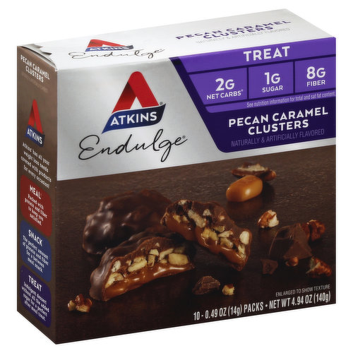 Treat. Naturally & artificially flavored. 2 g net carbs (Counting net carbs? Fiber and sugar alcohols should be subtracted from the total carbs since they minimally impact blood sugar). 1 g sugar. 8 g fiber. See nutritional information for total and sat fat content. What is the hidden sugar effect? It's common knowledge that consuming foods that contain large amounts of sugar may cause your blood sugar to spike. But did you know other types of carbohydrates may have the same effect on blood sugar? At Atkins, we call this the hidden sugar effect. For example - vanilla cake with frosting has the same impact on blood sugar as 8 teaspoons of sugar (based on glycemic load. Amounts do not represent sugar content). An Atkins Endulge Caramel Nut Chew Bar has the same impact as 1.5 teaspoons of sugar (based on glycemic load. Amounts do not represent sugar content). Find out more about the Hidden Sugar Effect at atkins.com. Total carbs (15 g) - fiber (8 g) - sugar alcohol (5 g) = 2 g Atkins net carbs. Atkins has all your weight loss needs covered with products for every occasion! Sugar Alcohols 5 g (Sugar alcohols total includes 1 g of glycerin). Treat: Indulgent dessert without all the added sugar for a perfect after meal treat. Carton made with wind energy. Paperboard packaging recyclable. FSC: Mix - Board from responsible sources. www.fsc.org.