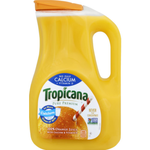 With calcium & vitamin D. As much calcium as a glass of milk. Never from concentrate. Non GMO Project verified. nongmoproject.org. 110 calories per 8 fl oz serving. Pasteurized. Never from concentrate. 100% juice. Enjoy Tropicana! Questions or comments? Call 1-800-237-7799. www.tropicana.com. Please recycle. Contains orange juice from Brazil.