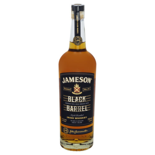 A blend. Established since 1780. Charred for a rich smooth taste. A tribute to the legacy of charring barrels before filling them. Our coopers called it bringing the wood back to life. Black barrel features charred and double charred bourbon barrels that deliver unique spiciness, vanilla sweetness and nutty notes. Learn more at jamesonwhiskey.com. Visit responsibility.org. 40% alc./vol (80 proof). Imported by John Jameson Import Company, Purchase, NY. Product of Ireland.