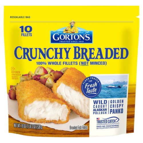 Trusted since 1849. Flash frozen for fresh taste. Wild caught Alaskan pollock. Golden crispy panko. Say hello to freshness - and goodbye to bad stuff! High quality, sustainably wild-caught Alaskan pollock. Flash-frozen at the peak of freshness to lock in full flavor & nutrition. 100% Whole Fillet Fish: No fillers; no hydrogenated oils; no antibiotics.