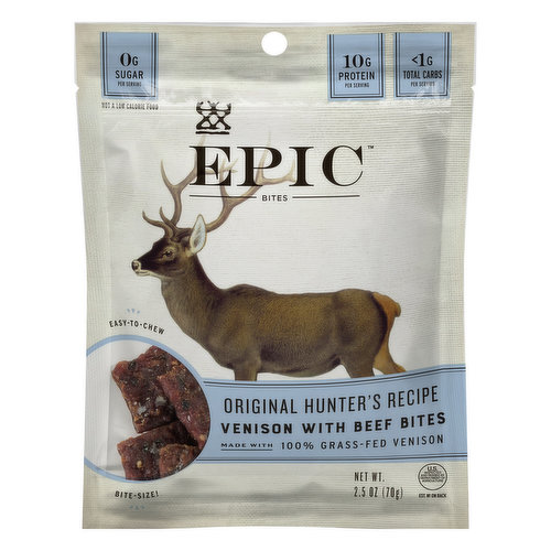 0g sugar per serving. 10g protein per serving. Less than 1g total carbs per serving. Gluten Free. Not a low calorie food. Made with 100% grass-fed venison. Easy to chew Bite-size! Original hunter's recipe. Feed others as you wish to be fed. Unleash your wild side with a meat bite that is consistent with the evolutionary diets of our ancestors. These bites, made with 100% grass-fed venison and beef, are based on a simple recipe that allows the natural flavor of deer meat to shine bright and true. The result is a wildly delicious snack that's guaranteed to inspire your greatest adventures. Epic bites were created to conveniently feed our inner hunter while staying true to the fundamental principles of consuming whole food. As with all epic foods, bites are inspired by the simple yet powerful diets of our ancestors. These eating habits have driven human innovation, inspired creativity, and fueled mankind for over 250,000 years of brilliant evaluation. Finally, a snack as Mother Nature intended. US inspected and passed by Department of Agriculture. Whole 30 approved. whole30.com. how2recycle.info. epicprovisions.com. Twitter. Instagram. Facebook (at)epicbar. Questions, comments, concerns call (512) 993-4774.