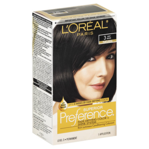 Level 3. With shine serum. Up to 8 weeks of fade-defying color. Fade-defying color + shine system. Rich luminous conditioning colorant. Same great shade. New look. Experience Preference, our true gold standard of beautiful color and shine. Preference's Superior fade-defying color and shine system creates a rich long-lasting color spectrum with luminosity, shine and beautiful gray coverage. Luminous color shines from every strand and defies fade-out for up to 8 beautiful weeks. Plus, our color protective care supreme conditioner formulated with golden camelina oil, anti-oxidant vitamin E and UV filter helps keep first day color vibrancy and provides silky, resilient hair. From root to tip, color won’t fade-out, turn dull or brassy. Pro-precise applicator. This Kit Contains: color optimizing creme; color gel; care supreme multi-dose conditioner (6 weekly treatments); Superior colorist gloves; pro-precise applicator; insert. Questions? Need shade advice? Contact the experts at L'Oreal consumer affairs 1-800-631-7358 or visit www.lorealparis.com. Because you're worth it. Made in Mexico.