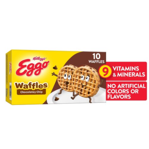Wake up and greet the day with the feel-good taste of Eggo Chocolatey Chip Waffles. Includes one, 12.3-ounce box containing 10 waffles. Crafted with delicious ingredients and a fantastic chocolatey flavor, our waffles are a perfect balance of crispy, fluffy goodness. Convenient and easy to prepare, Eggo Chocolatey Chip Waffles bring warmth to busy mornings. Great for families and individuals, these delicious waffles are made to enjoy as a part of a balanced breakfast; and they pair well with your favorite morning toppings like butter, syrup, jellies, preserves, fruit, chocolate or hazelnut spreads, and whipped cream. With no artificial colors or flavors, our waffles also provide a good source of Nine vitamins and minerals and are Kosher dairy. Not just for breakfast, Eggo waffles make a warm, comforting after-school snack or late-night treat and are great for making ice-cream sandwiches. They're just so delicious, would you L'Eggo your Eggo?