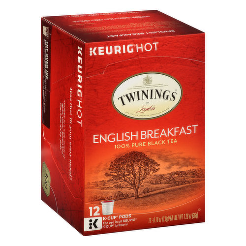 KeurigHot. Twining of London. Estd. 1706. 216 The Strand, London WC2, England. K-Cup Pods: For use in all Keurig K-Cup brewers. Teas that fit your every mood. Over 300 years if experience. Est 1706. English Breakfast is our most popular tea. To create this well-balanced blend, we carefully select the finest teas from five different regions, each with its own unique characteristics. Tea from Kenya and Malawi provides the briskness and coppery-red colour while Assam gives full body and flavour. The robustness from these regions is complemented by the softer and more subtle teas from China and Indonesia. The combination of these varieties yields a complex, full-bodied, lively cup of tea that is perfect any time of day. - Jeremy Sturges - Master Blender. This package is recyclable. Ethical tea partnership.