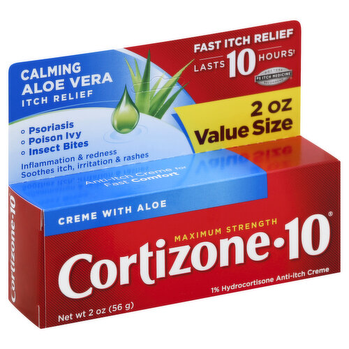 Misc: 1% hydrocortisone anti-itch creme. Creme with aloe. Calming aloe vera itch relief. Psoriasis. Poison ivy. Insect bites. Inflammation & redness. Soothes itch, irritation & rashes. Fast itch relief. Lasts 10 hours (when used as directed). Doctors No. 1 itch medicine (Refers to the ingredient hydrocortisone) recommended. Anti-itch creme for fast comfort. www.Chattem.com. For more information please visit: www.Cortizone10.com.