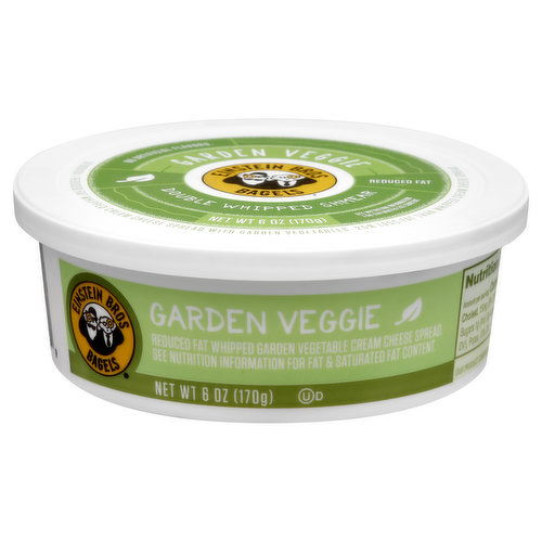 Reduced fat whipped garden vegetable cream cheese spread. See nutrition information for fat & saturated fat content. o artificial flavors. Reduced fat whipped cream cheese spread with garden vegetables. 25% less fat than whipped cream cheese spread. Our product contains 5 g total fat per serving. Whipped cream spread contains 7 g total fat per serving. Double whipped shmear.
