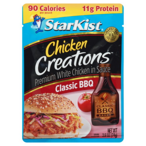 Premium white chicken in sauce. 90 calories per pouch. 11 g protein. Soy free. Gluten free. Tear. Eat. Go. Craving the flavor of a backyard cookout, but short on time? Trade in the charcoal and tongs, and dig into our chicken in a classic, sweet and tangy BBQ sauce. Make it the centerpiece of any sandwich of delicious wrap or even try it straight out the pouch. Just tear, eat and go. Cage free (Chickens raised without the use of added hormones were allowed to roam freely. Federal regulations prohibit the use of hormones in poultry). Inspected for wholesomeness by US Department of Agriculture. www.StarKist.com. Questions or comments? Call 1-800-252-1587 Mon-Fri. Refer to code number on pouch. Find all of our flavors & great recipes at www.StarKist.com. Creations: More than 20 varieties! Tuna: Hickory smoked; Honey bbq; Salmon: Mango chipotle; Lemon dill; Chicken: Buffalo style; Zesty lemon pepper. Packed in the USA.