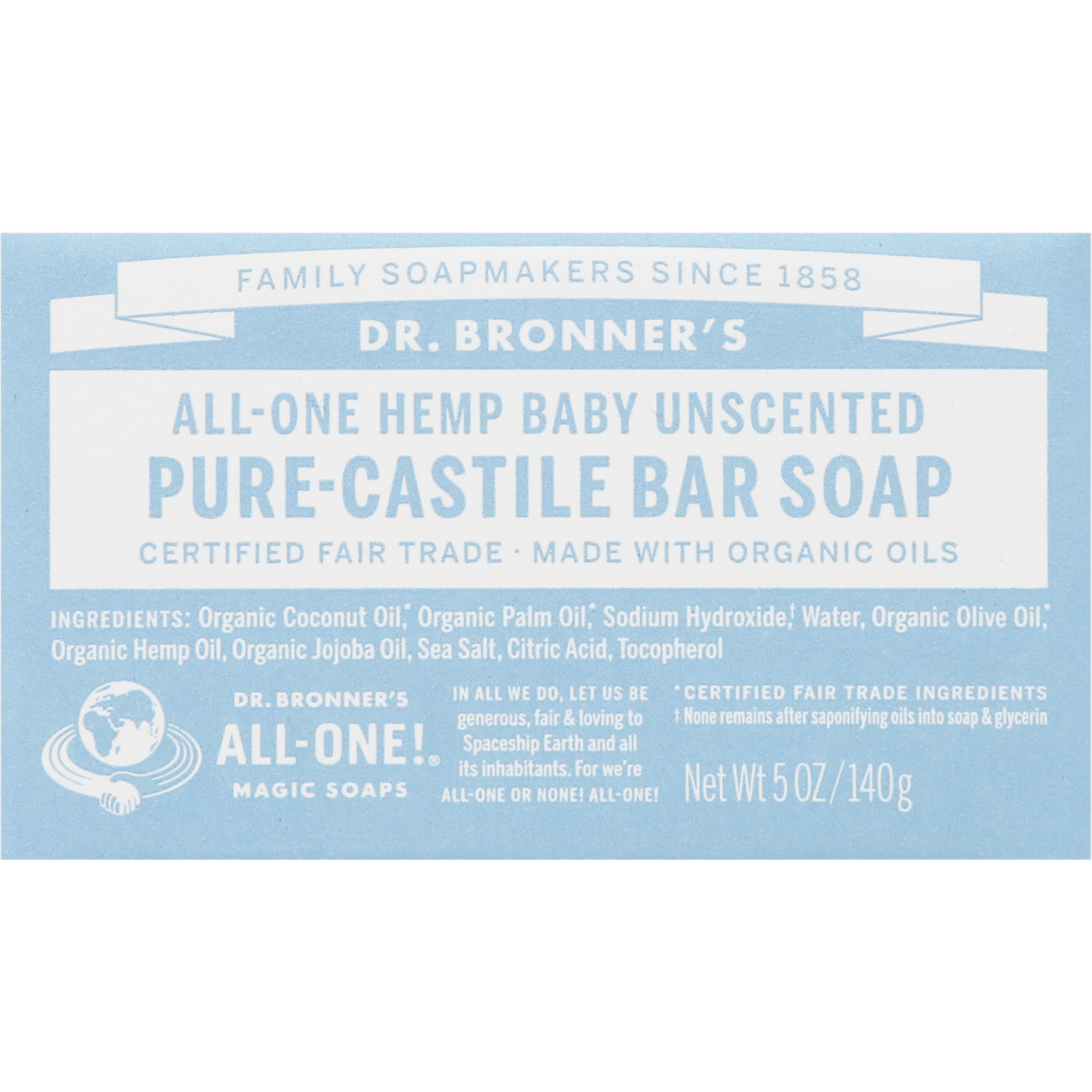 Dr. Bronner's All-One Hemp Baby Unscented Pure-Castile Bar Soap, 5