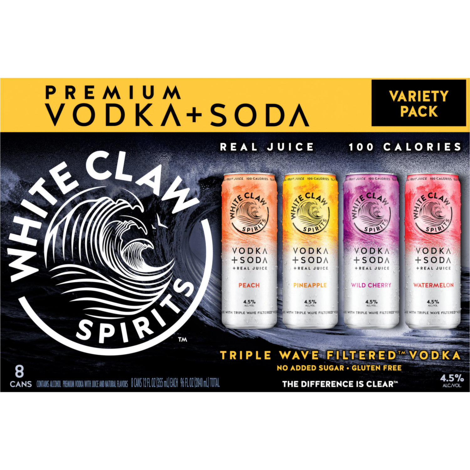 White Claw Spirits Vodka + Soda, Peach, Pineapple, Wild Cherry 