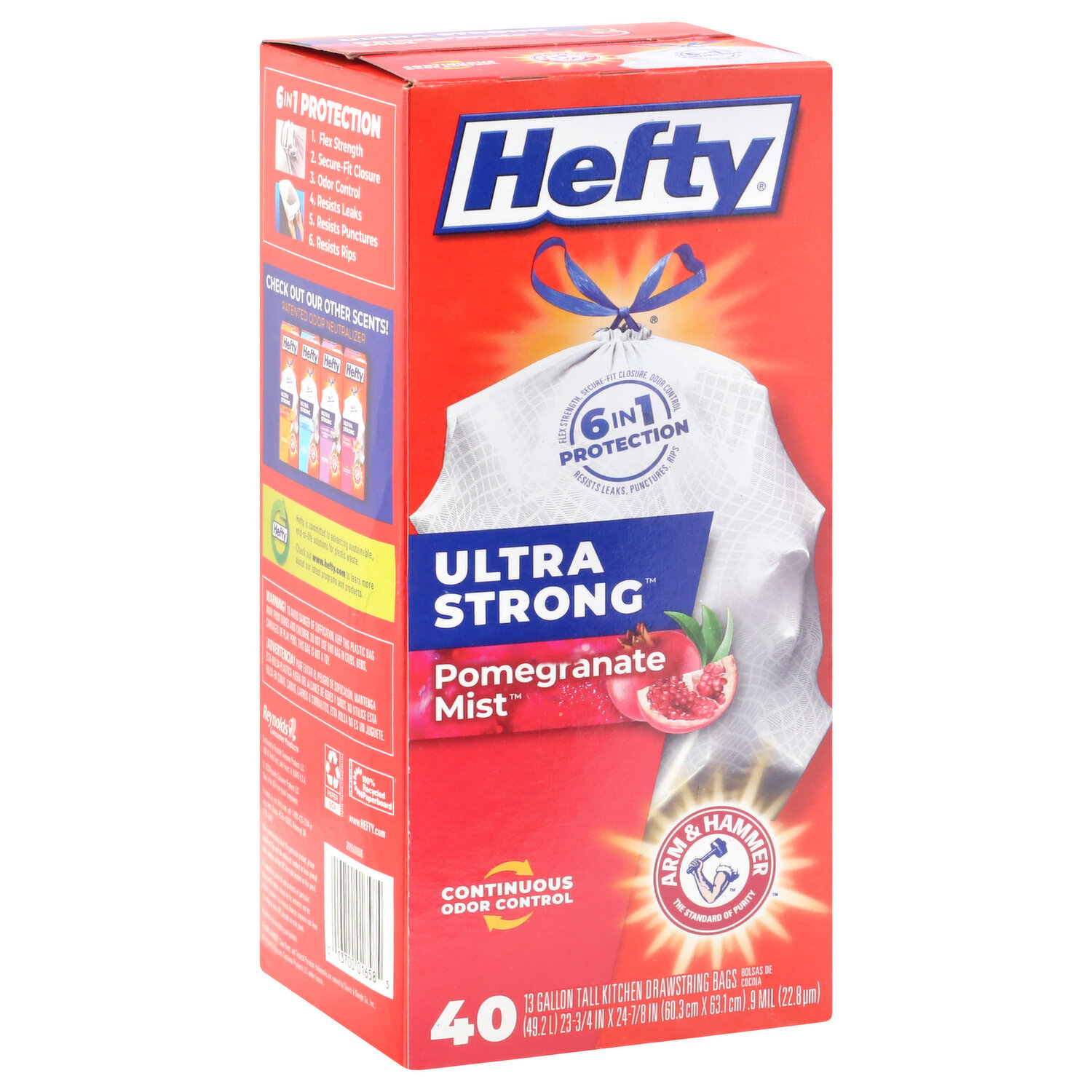 Hefty Ultra Strong Tall Kitchen and Trash Bags, 13 gal, 0.9 mil, White, 40/bx, 6 Boxes/Carton