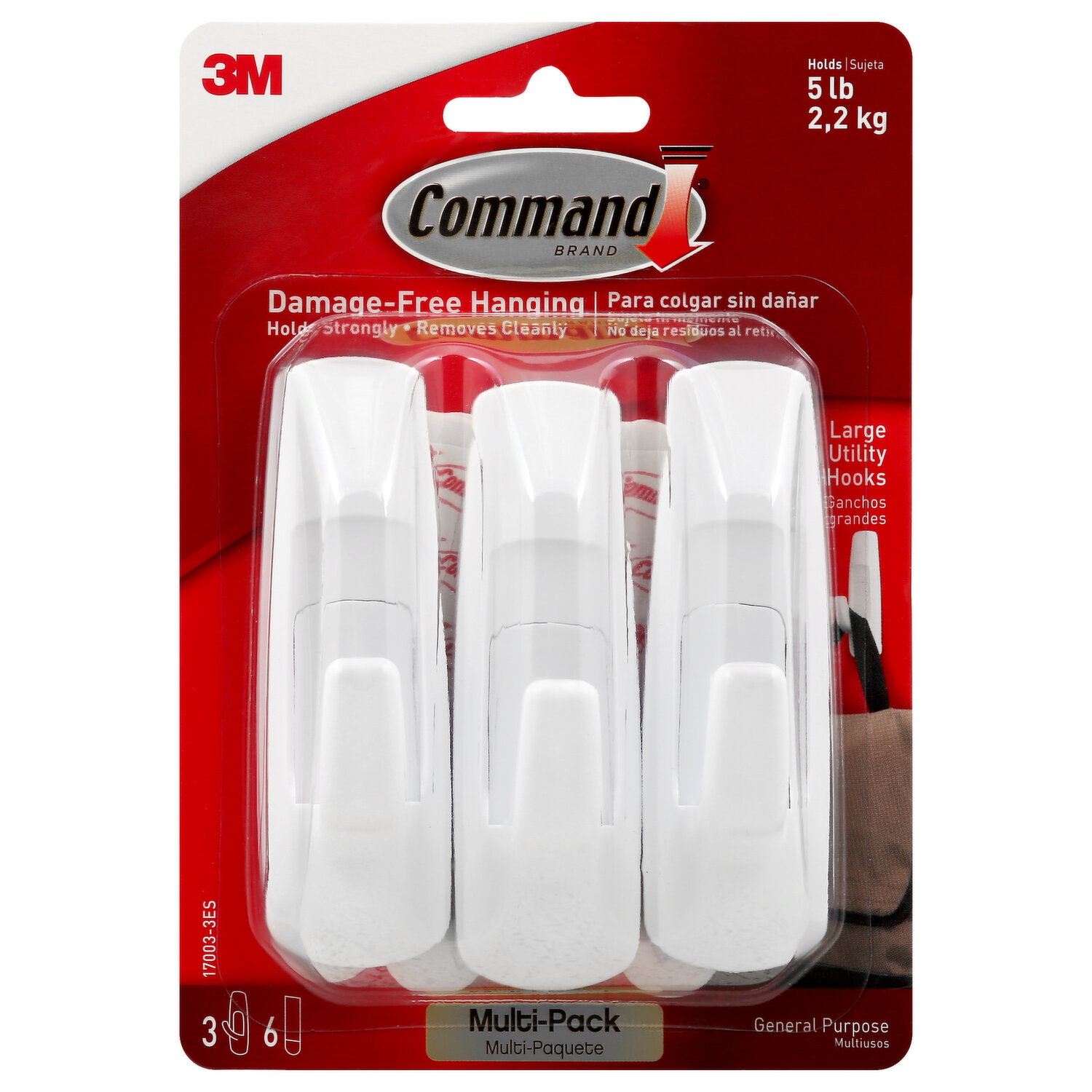 Command Utility Hooks, Medium, White, 3 lb (1.4 kg), 6 Hooks, 12 Strips,  Value Pack