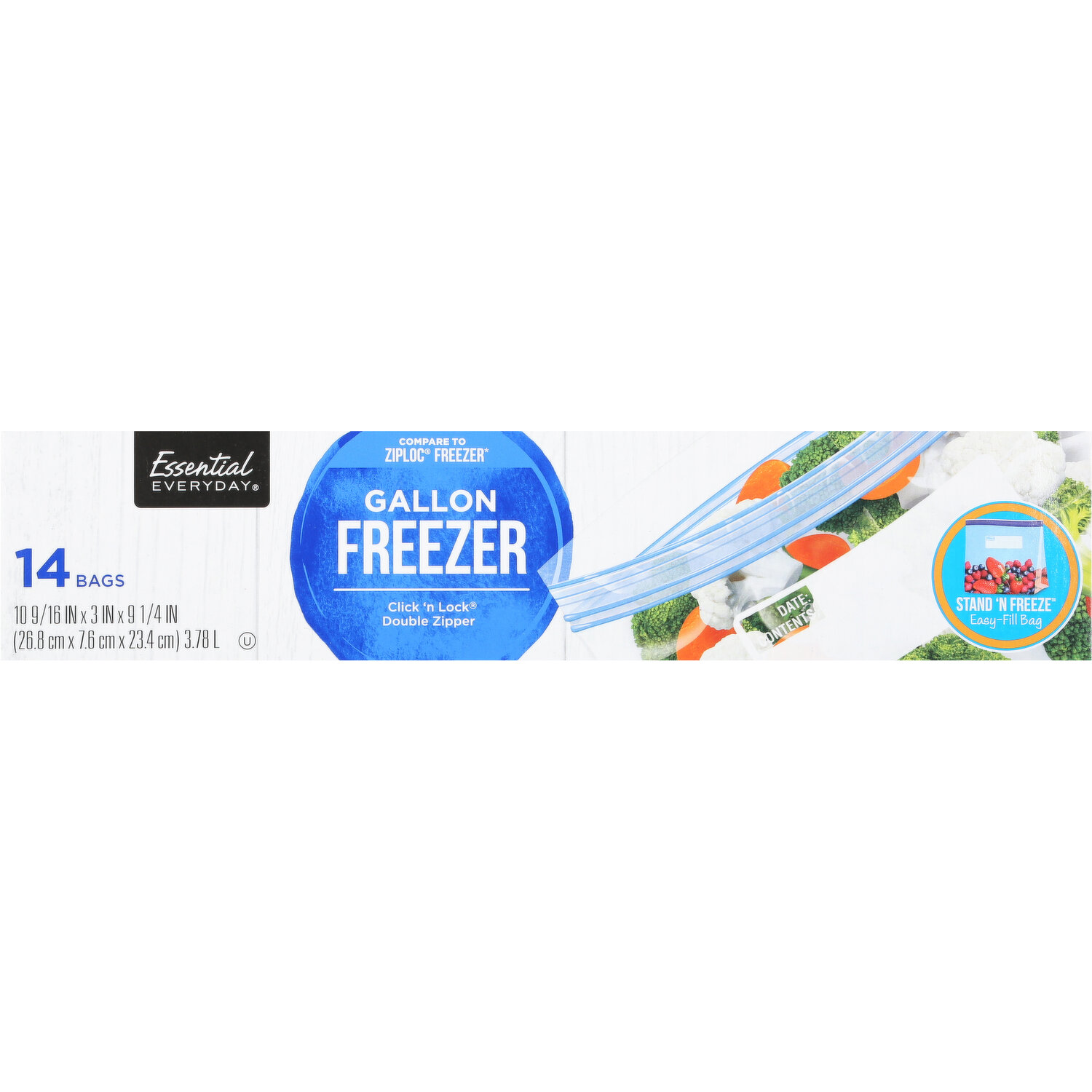 Essential Everyday Freezer Bags, Double Zipper, Quart, Plastic Bags