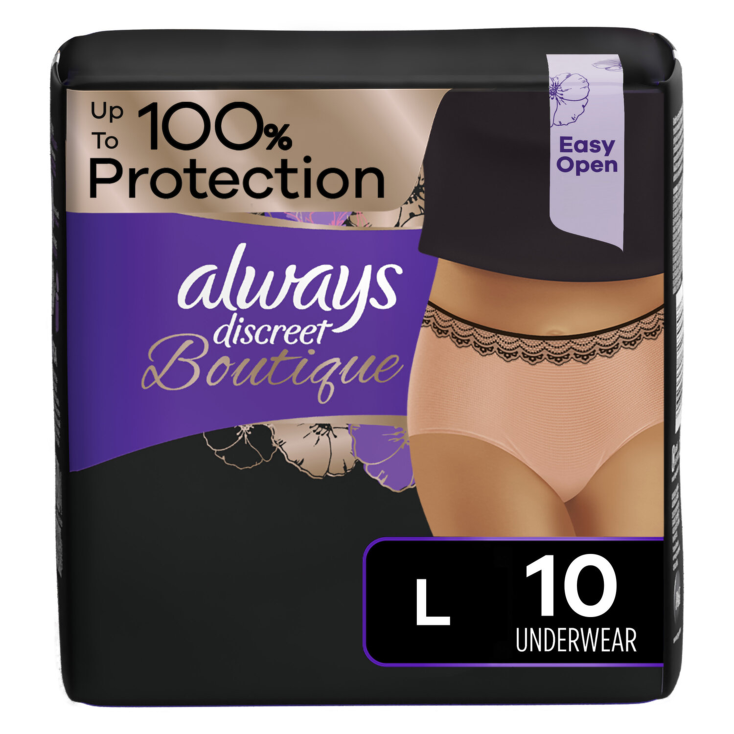 Always Discreet Boutique Incontinence Underwear, Maximum Protection, L,  Black, 10 Ct