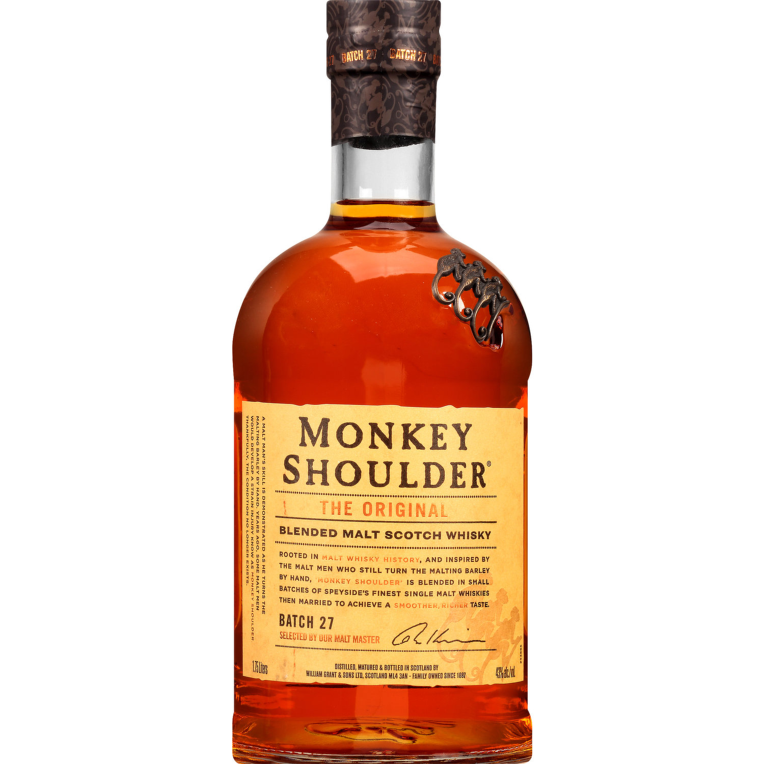Monkey Shoulder Scotch Whisky, Blended Malt, The Original, Batch 27, 1.75  Litre