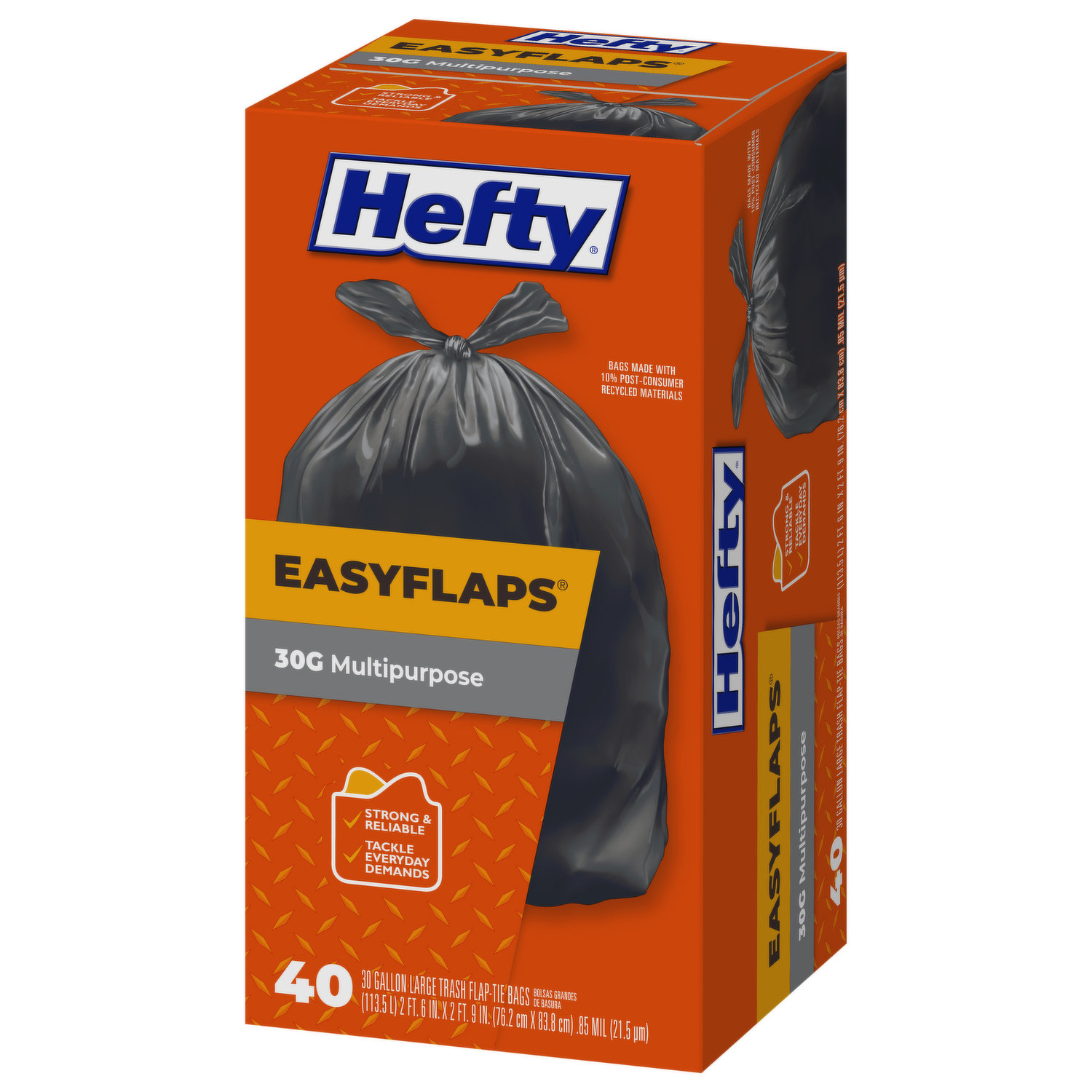 Hefty EasyFlaps Trash Bags, Flap-Tie, Multipurpose, 30 Gallon, Large - 40 bags