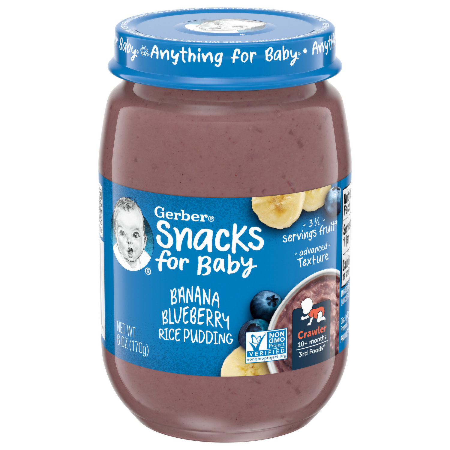 Gerber Snacks for Baby Rice Pudding Banana Blueberry Crawler