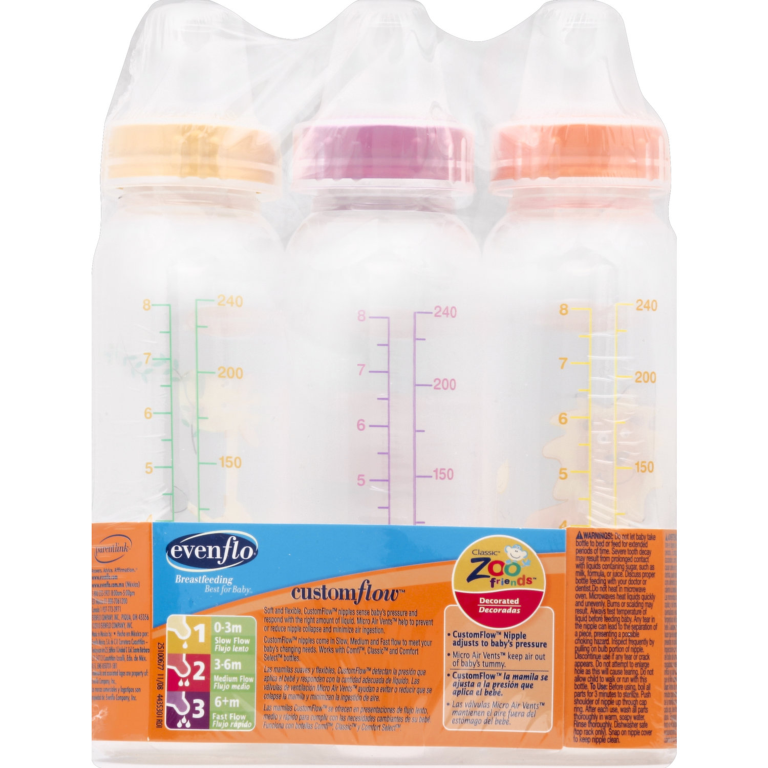 Evenflo Classic Zoo Friends Bottles, Slow Flow, Decorated, 8 oz, 1 0-3 m - 3 bottles