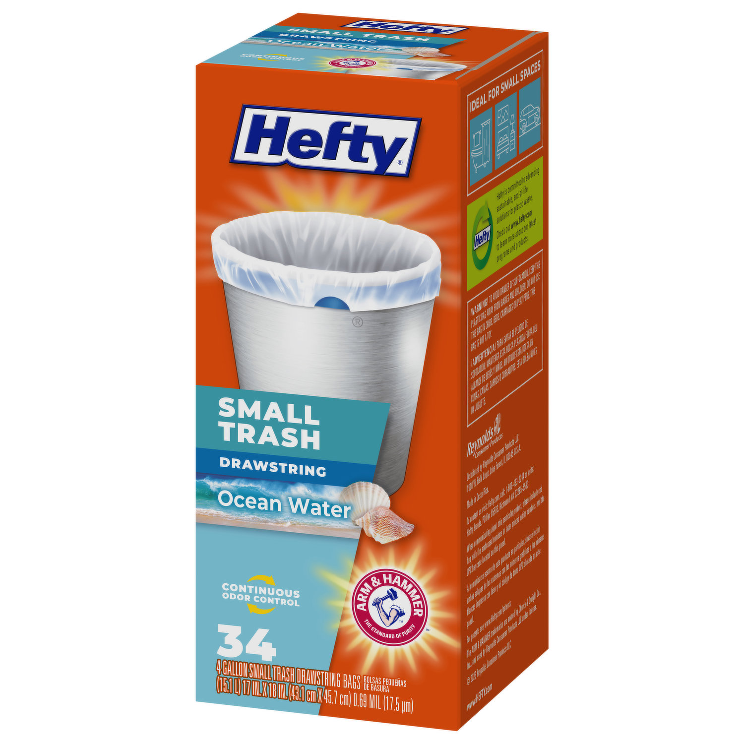 Hefty Small Drawstring Trash Bags, Ocean Water Scent, 4 Gallon, 34