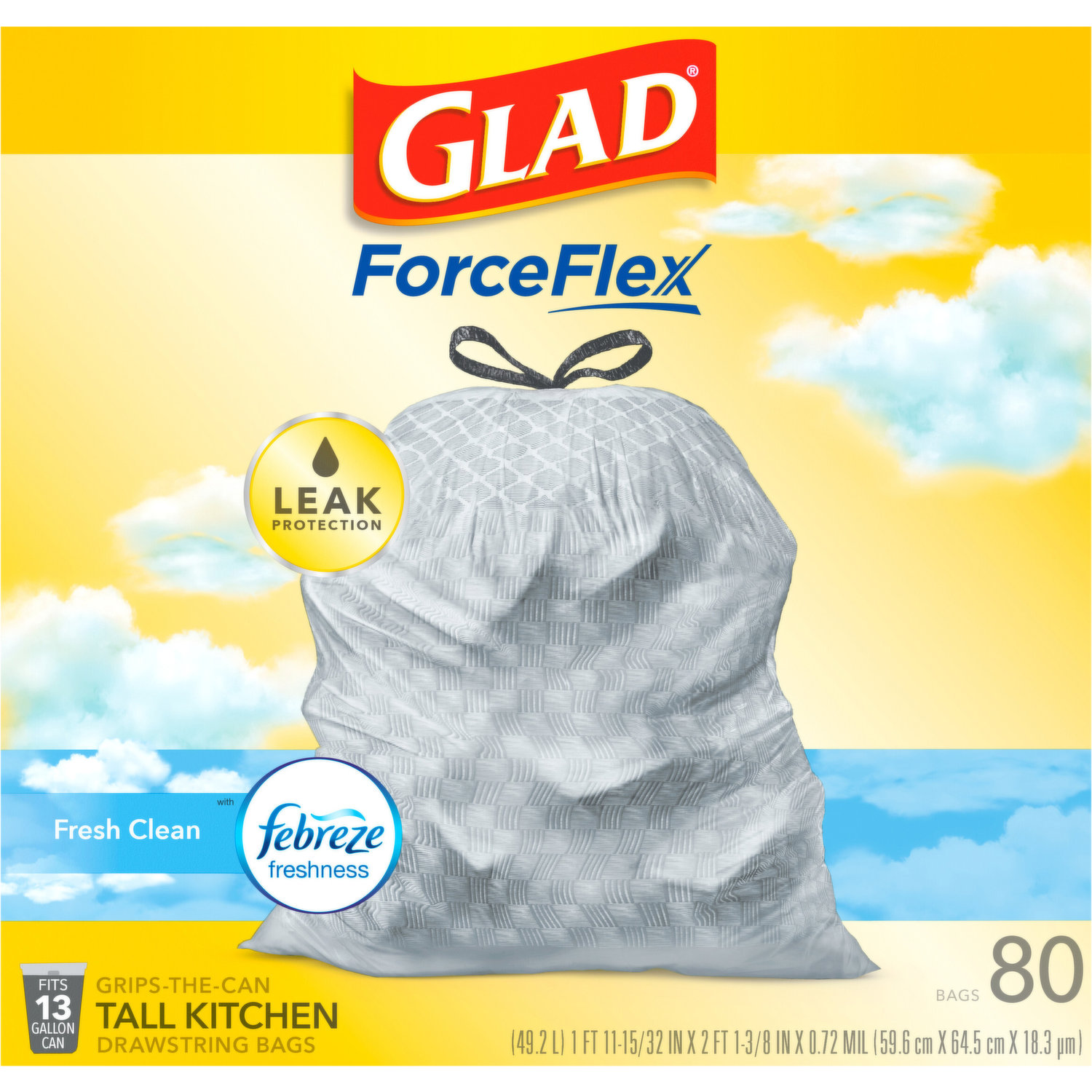 Glad ForceFlex Tall Kitchen Drawstring Trash Bags, Fresh Clean, 13