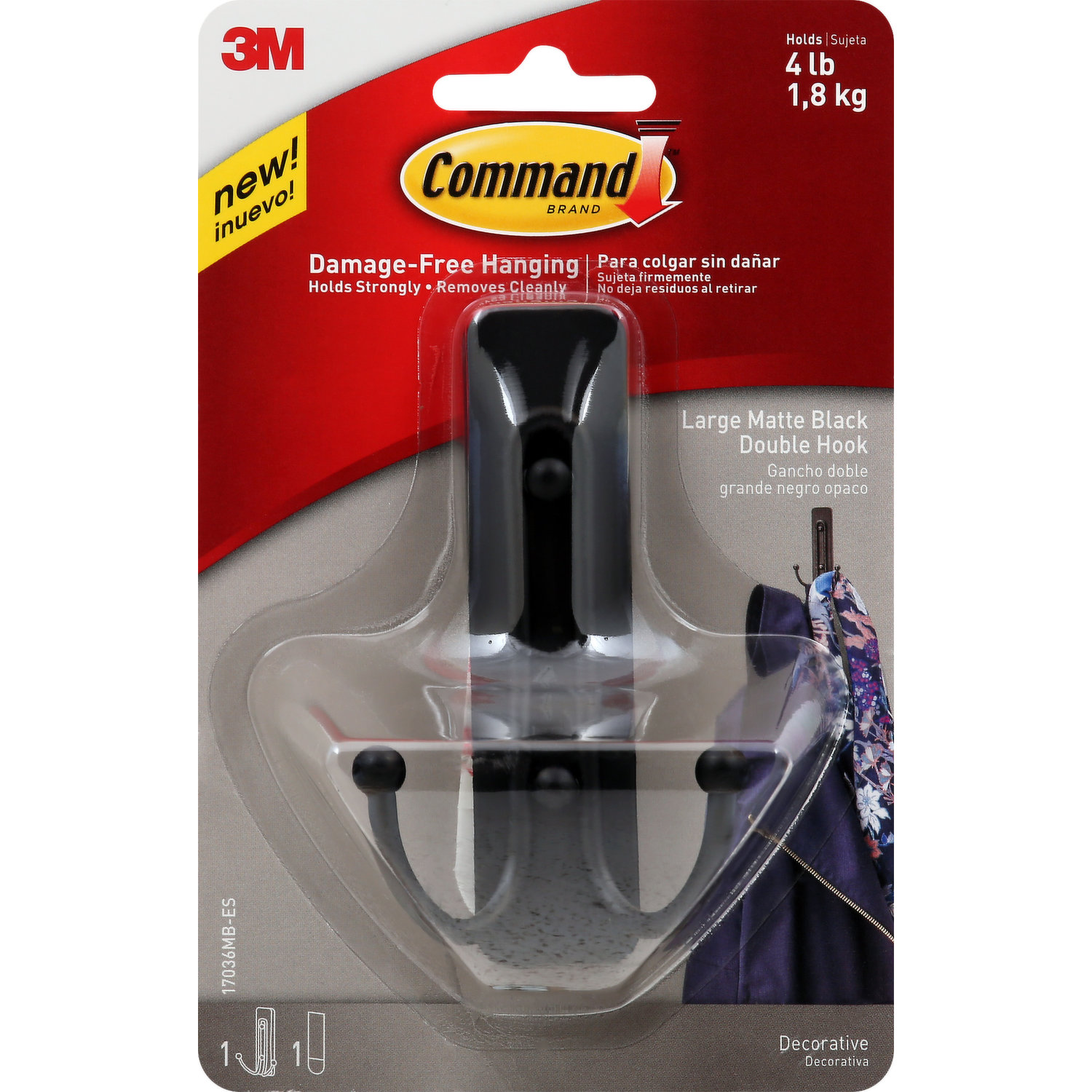 Command Large Double Bathroom Wall Hook, Black, Damage Free