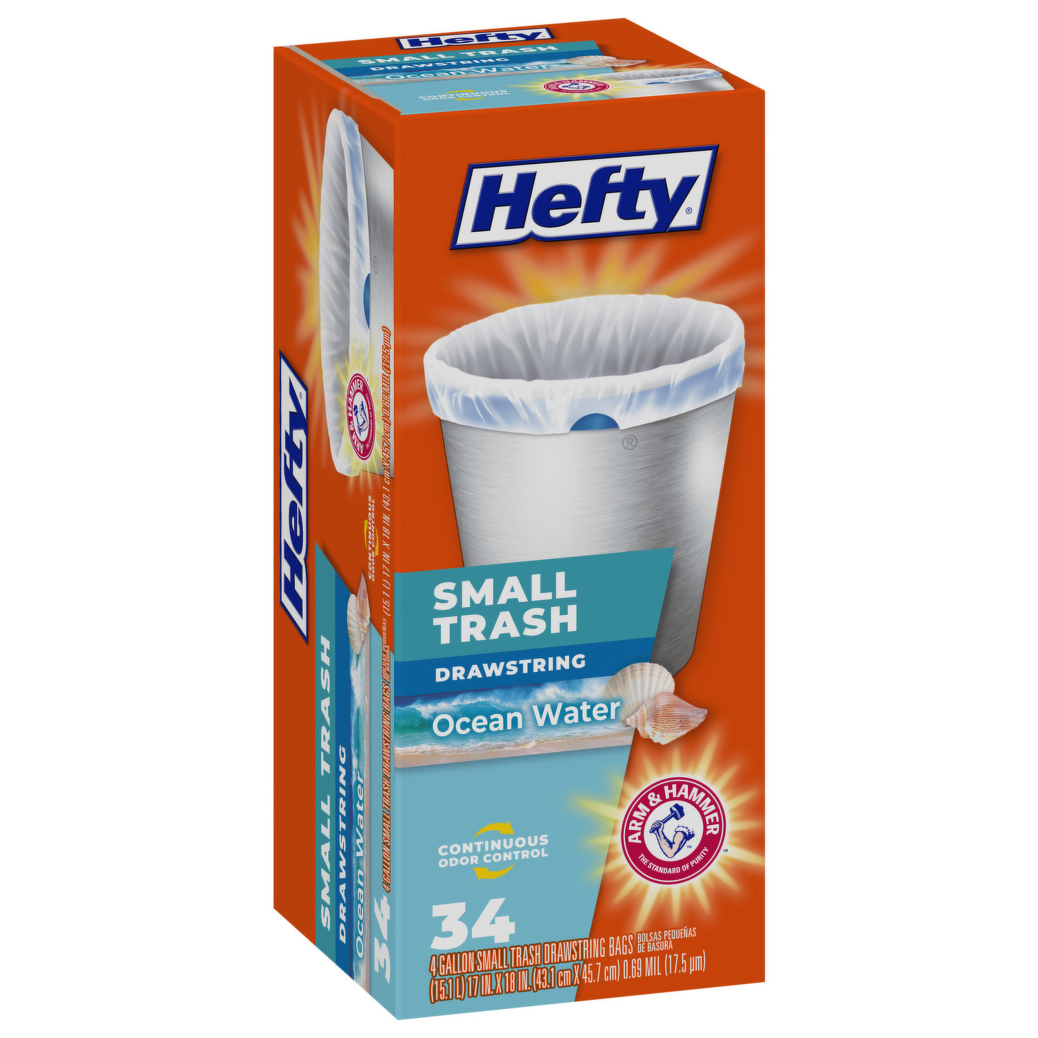 Hefty Small Drawstring Trash Bags, Ocean Water Scent, 4 Gallon, 34