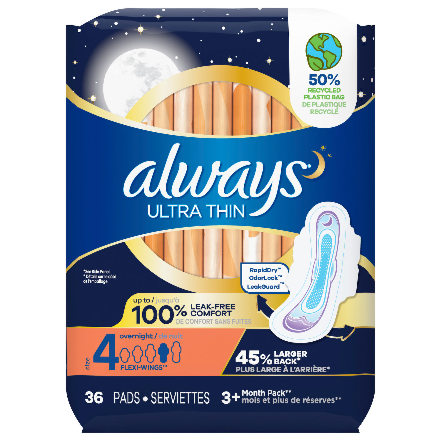 L. Pads with Wings, Chlorine Free, Ultra Thin, Extra Long Overnight - 36 pads