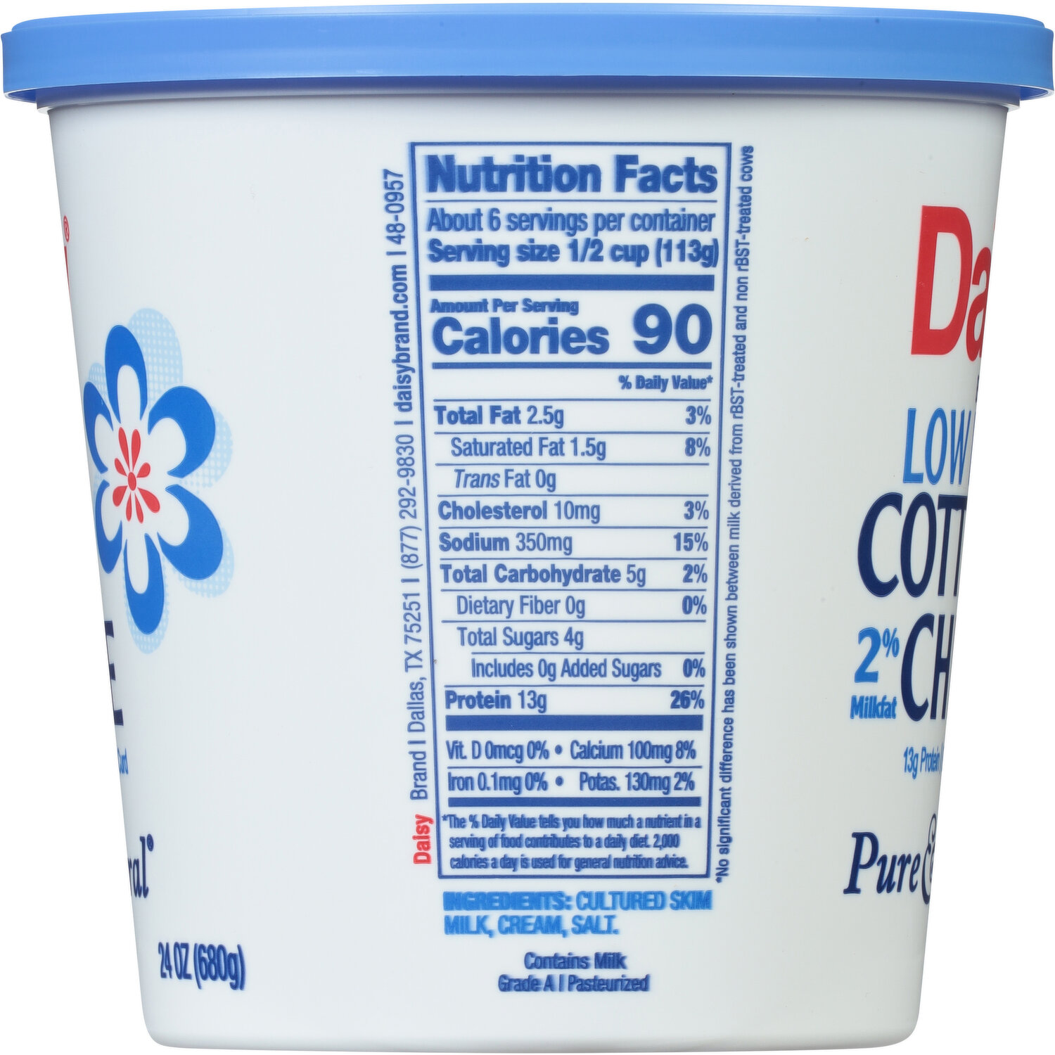 Daisy Pure and Natural Cottage Cheese, 4% Milkfat, 24 oz (1.5 lb) Tub  (Refrigerated) - 13g of Protein per serving