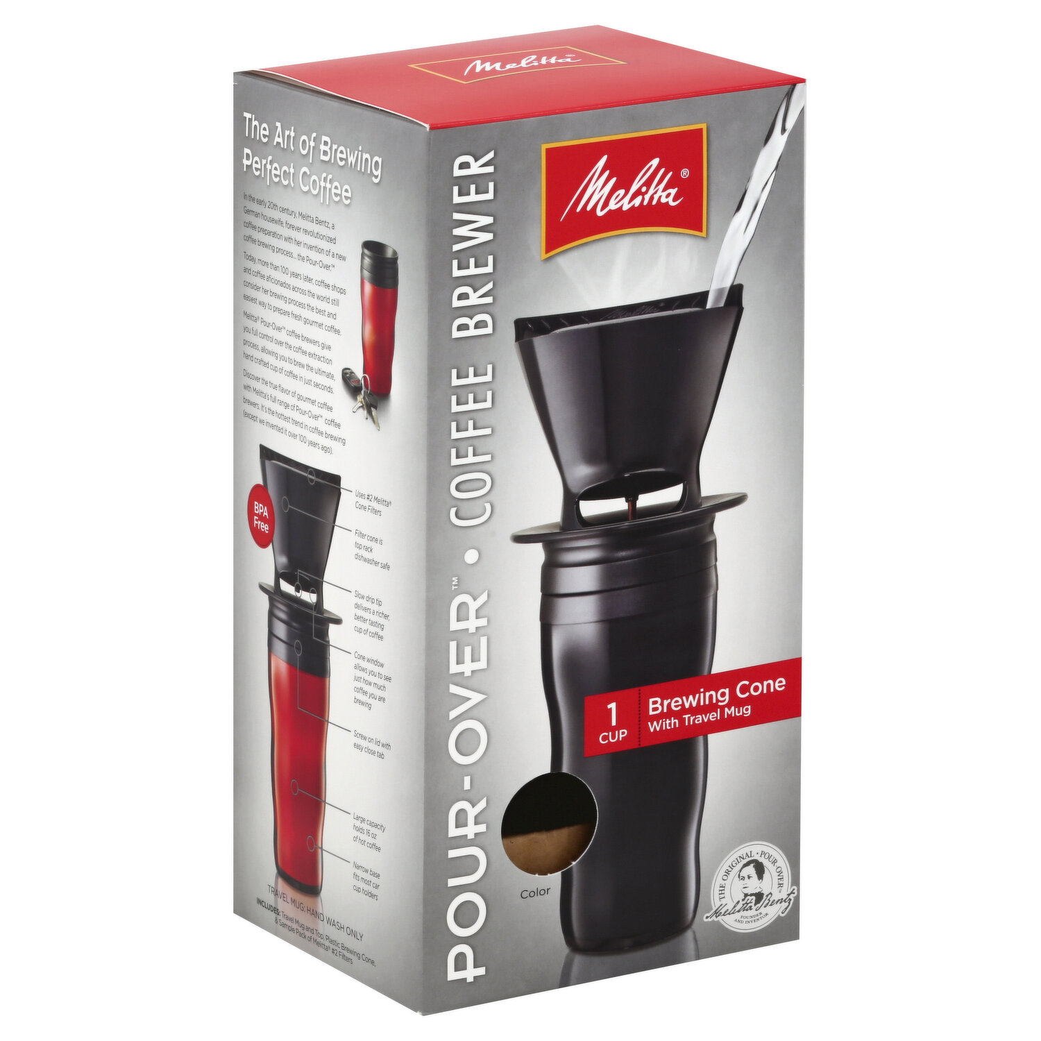 Melitta Coffee Maker, Single Cup Pour-Over Brewer with Travel Mug, Black, 2 Pack