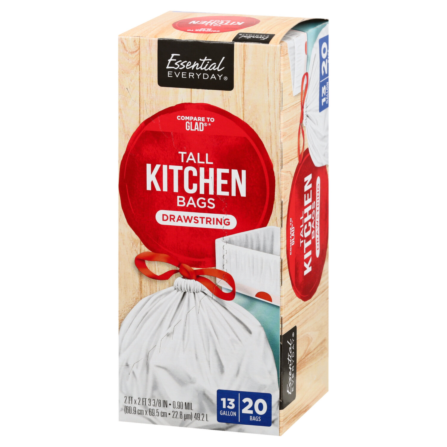 Essential Everyday Tall Kitchen Bags, Drawstring, 13 Gallon - 20 bags