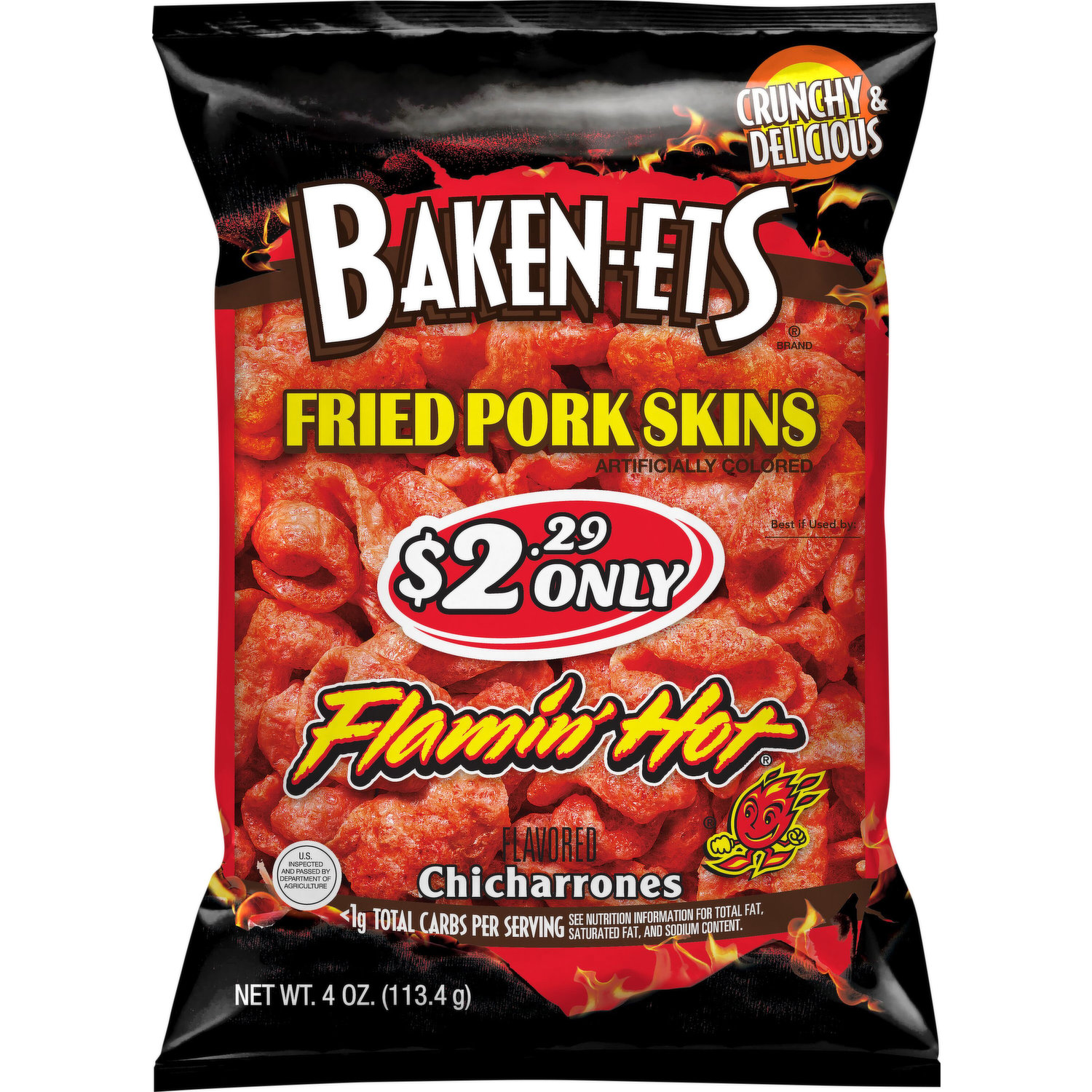 Baken-Ets Fried Pork Skins, Flamin' Hot Flavored, Chicharrones