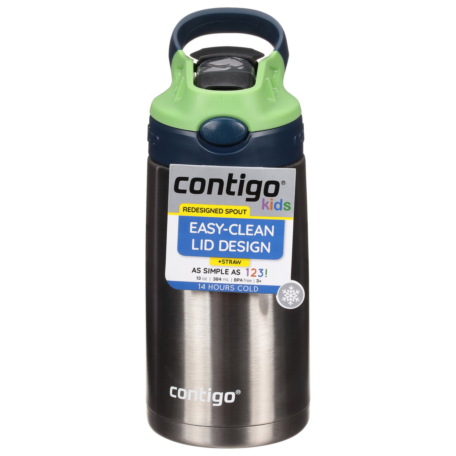 Contigo Kids Stainless Steel Water Bottle with Redesigned Autospout Straw, 13 oz, Blueberry & Green Apple