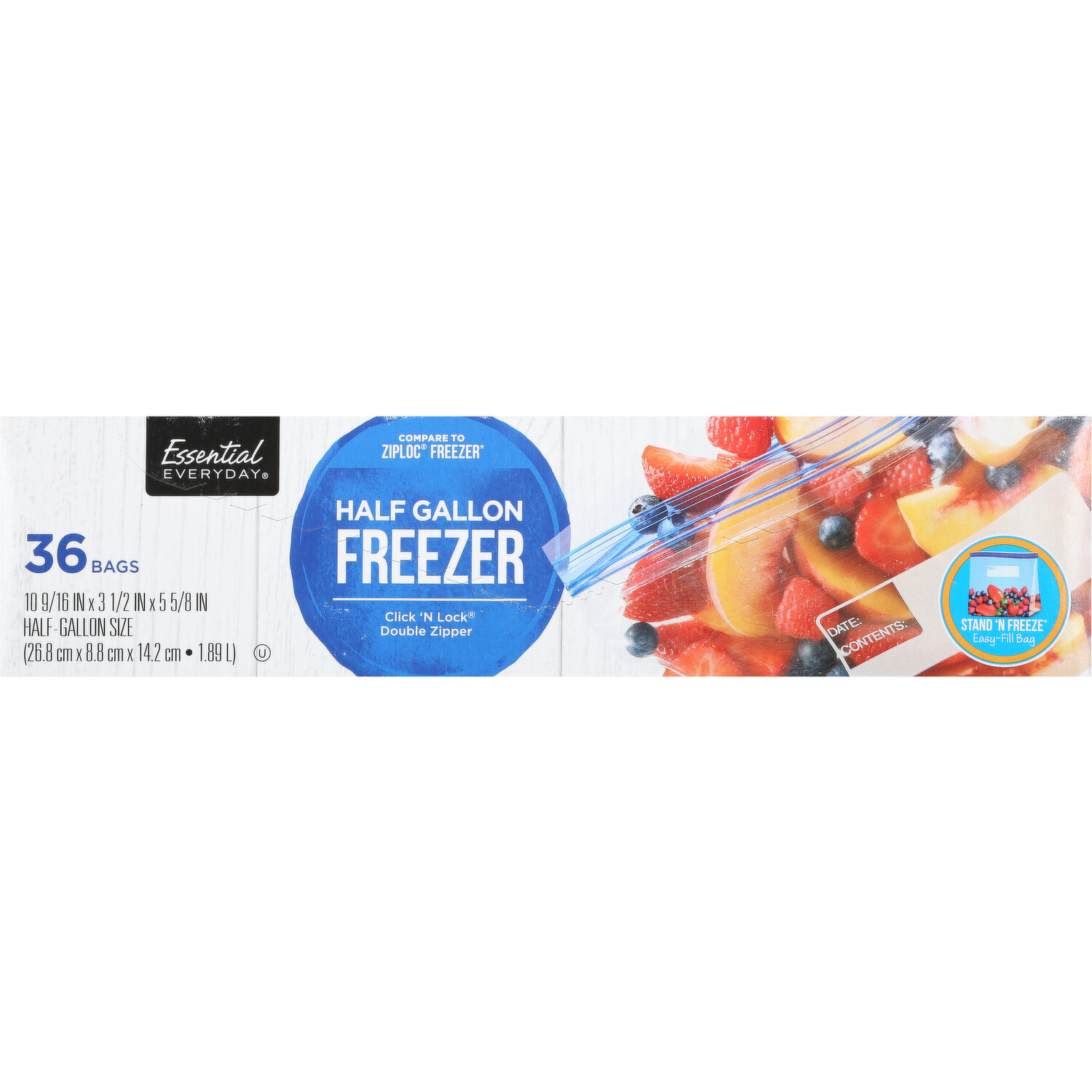 Essential Everyday Freezer Bags, Double Zipper, Quart, Plastic Bags