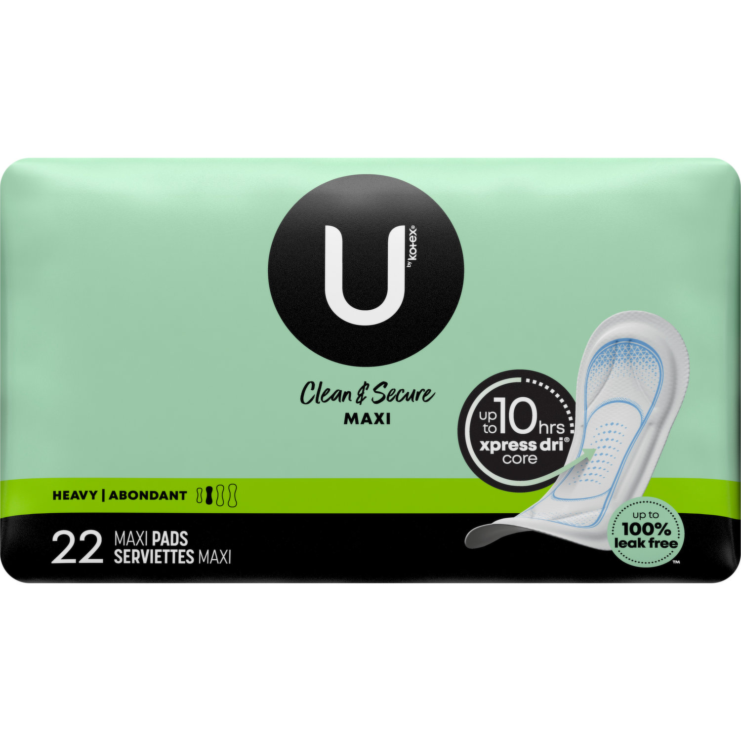 U By Kotex Pads, Maxi, Clean & Secure, Heavy 22 Ea