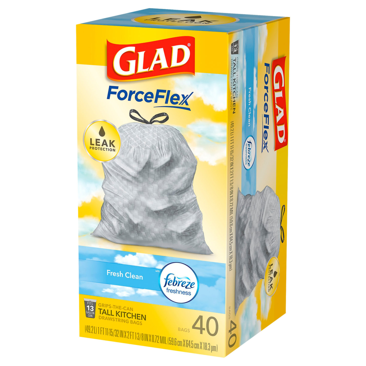 Glad ForceFlexPlus Tall Kitchen Trash Bags, 13 Gallon, 40 Bags (Beachside Breeze Scent, Febreze Freshness)