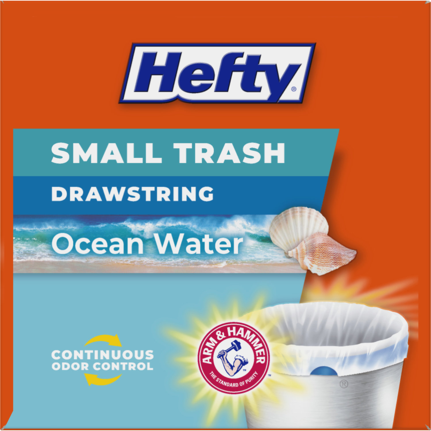 Hefty Small Drawstring Trash Bags, Ocean Water Scent, 4 Gallon