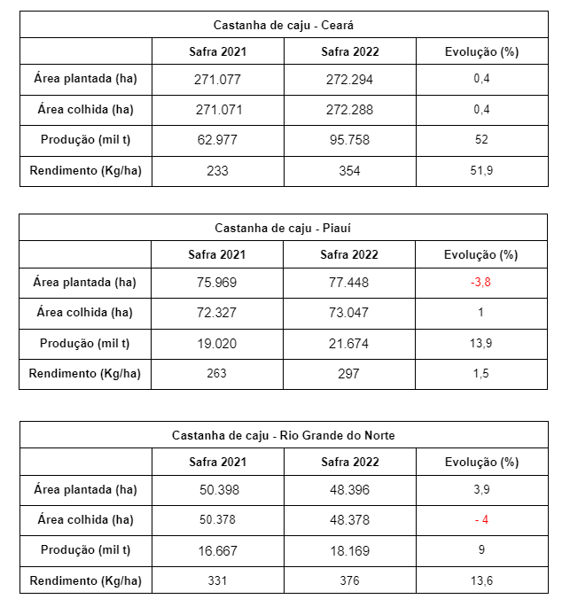 Dados sobre castanha de caju no Ceará, Piauí e Rio Grande do Norte