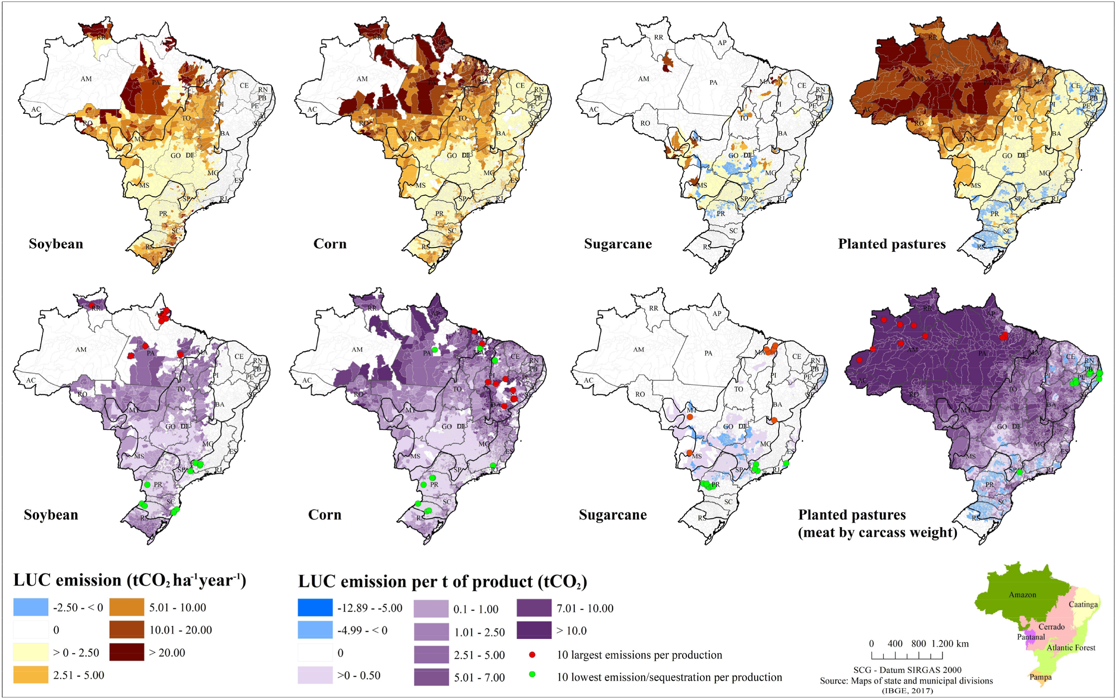 Emissões de CO2 de mudança direta de uso da terra estimadas pelo método BRLUC 2.0. - Foto: Danilo Garofalo et al.