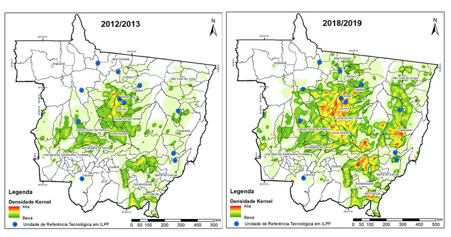 Mapas do Estado do Mato Grosso mostrando as áreas de maior adoção ou concentração de Integração Lavoura-Pecuária (ILP) nos anos-safra de 2012/12 e 2018/19 e a localização das Unidades de Referência Tecnológica (URTs). Fonte: Projeto GeoABC