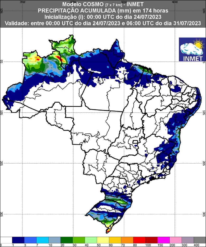 Figura 1: Previsão de chuva para a 1ª semana (24/07/2023 a 31/07/2023); Fonte: Inmet