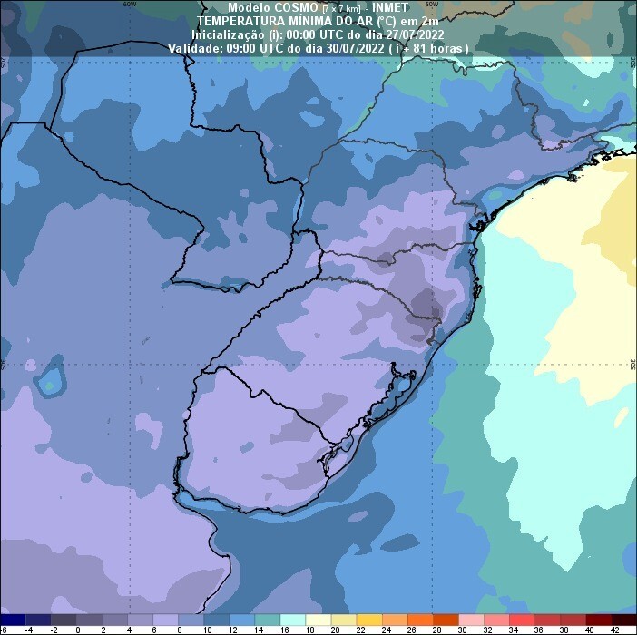 Figura 1: Temperaturas mínimas previstas pelo modelo Cosmo 7km do INMET na madrugada de sábado (30/07/2022).