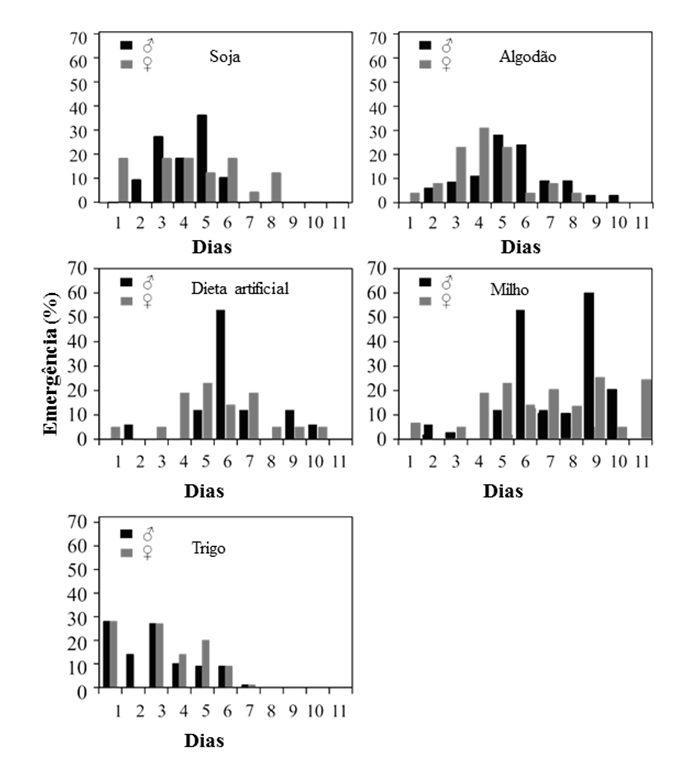 Figura 1. Ritmo de emergência (dias) de machos e fêmeas de H. armigera quando criada em diferentes hospedeiros. Embrapa Agropecuária Oeste, Dourados, MS. 2015.&nbsp;