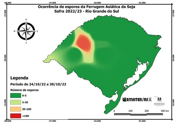 Mapa de ocorrência de esporos da ferrugem safra 2022/23 no RS