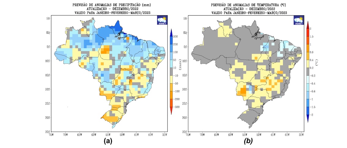 Previsão de anomalias de (a) precipitação e (b) temperatura média do ar do modelo estatístico do INMET para o trimestre janeiro, fevereiro e março/2023