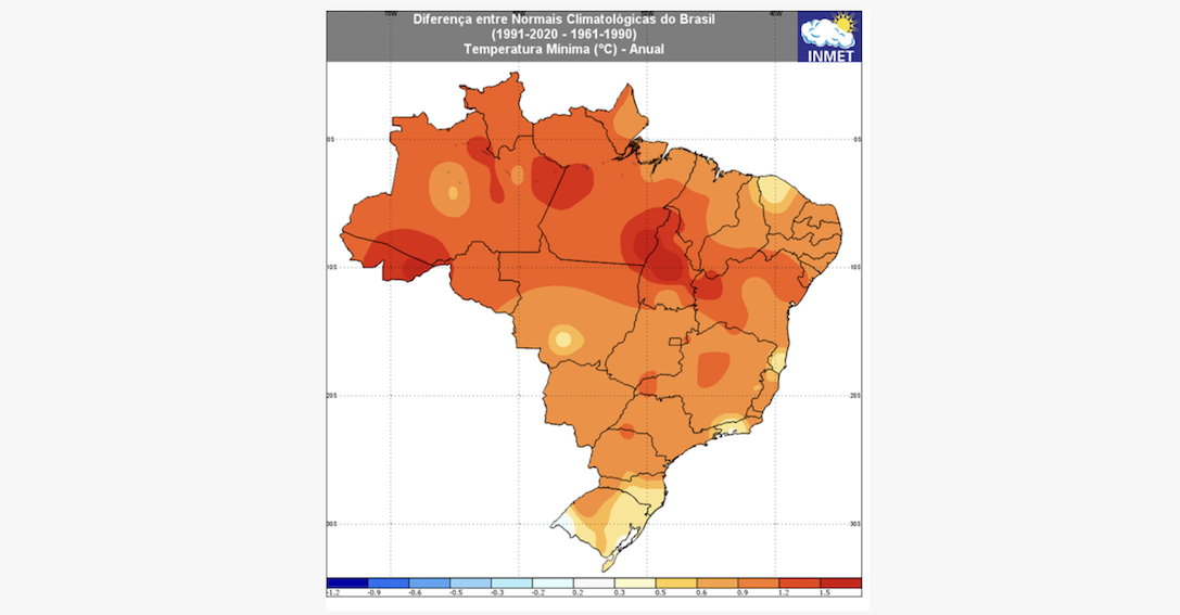 Figura 2: diferença anual entre as Normais Climatológicas do Brasil; temperatura mínima (°C)