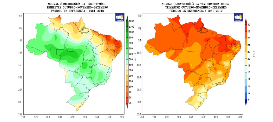 Figura 1 - (a) Climatologia de precipitação (chuva) e (b) temperatura média do ar para o trimestre outubro, novembro e dezembro. Período de referência: 1981 – 2010