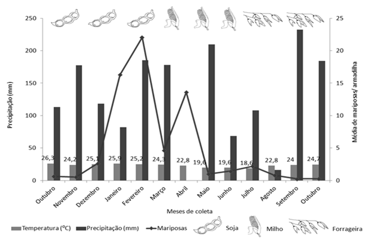 Figura 1. Flutuação populacional de adultos de Chrysodeixis includens capturados em armadilhas de feromônio sexual, temperaturas médias e precipitação mensal observadas no período de outubro de 2014 a outubro de 2015. Dourados, MS.