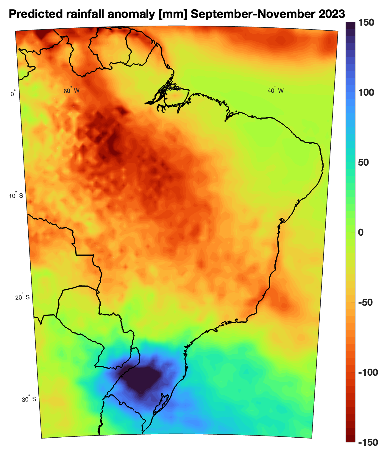 Anomalia prevista de precipitação [mm] setembro-novembro 2023