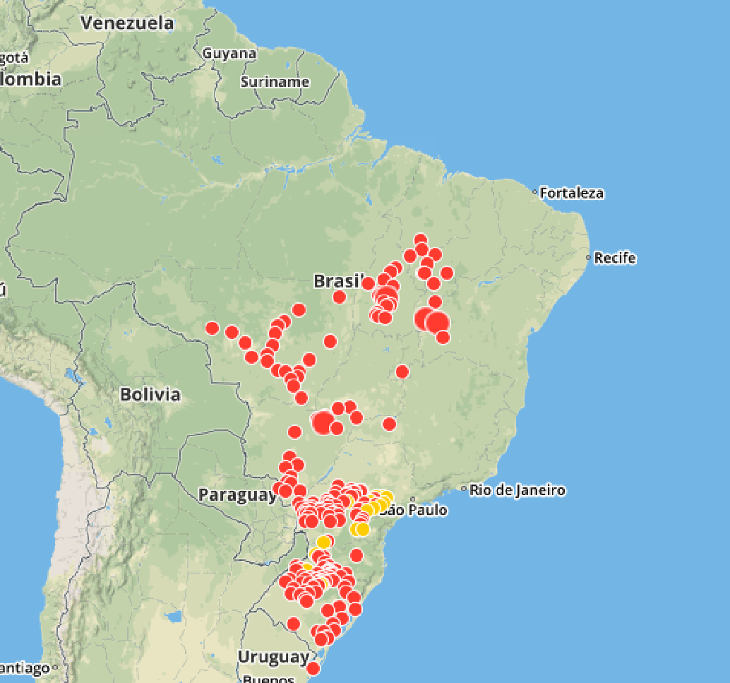 Figura 1. Mapa da dispersão de ferrugem asiática na safra 16-17 (Consorcio Antiferrugem: http://www.consorcioantiferrugem.net)&nbsp;