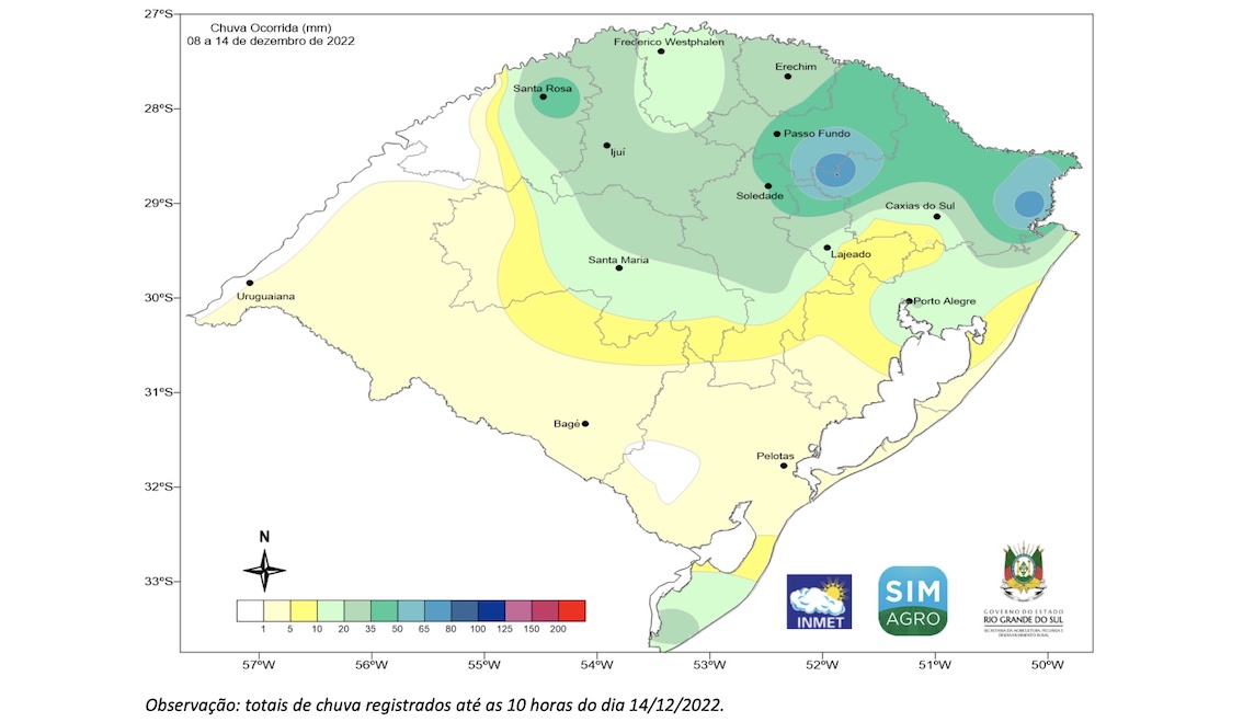 Totais de chuva registrados no RS até as 10 horas do dia 14/12/2022