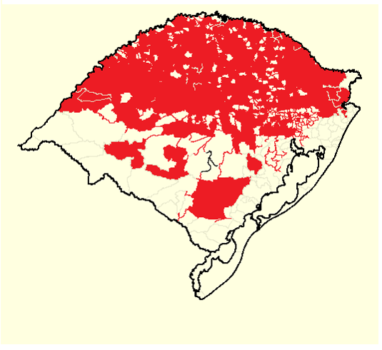 Figura 1 – Região, em vermelho, infestada com azevém (Lolium multiflorum) resistente ao glifosato no Rio Grande do Sul. Embrapa Trigo, 2015.